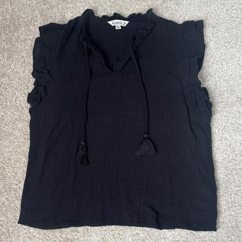 Nanette Lepore Black Ruffle Sleeve Tassel Tie Peasant Top size small